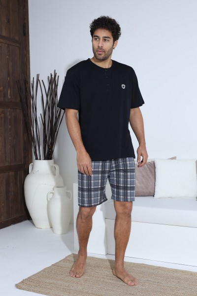 Erkek Penye Süprem Yarım Kol Şortlu Erkek Pijama Takımı SİYAH-L