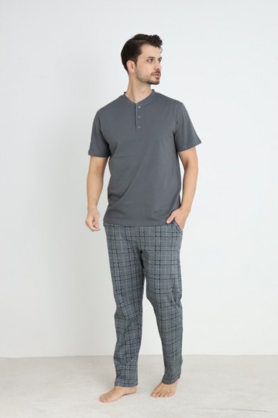 Erkek Sıfır Yaka Düğmeli Kısa Kol Cepli Yazlık Pijama Takımı %100 Pamuk Füme-L