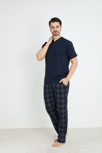 Erkek Sıfır Yaka Düğmeli Kısa Kol Cepli Yazlık Pijama Takımı %100 Pamuk LACİVERT-XL
