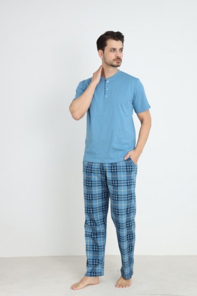 Erkek Sıfır Yaka Düğmeli Kısa Kol Cepli Yazlık Pijama Takımı %100 Pamuk MAVİ-XL