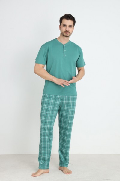 Erkek Sıfır Yaka Düğmeli Kısa Kol Cepli Yazlık Pijama Takımı %100 Pamuk MİNT YEŞİL-M