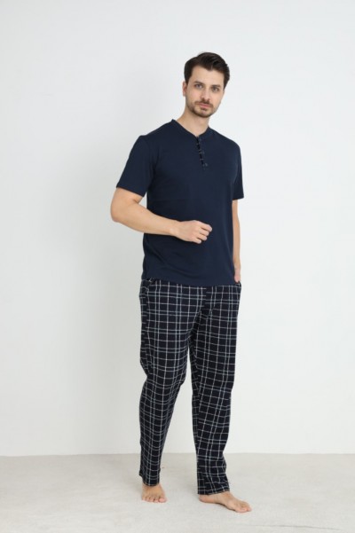 Erkek Sıfır Yaka Düğmeli Kısa Kol Cepli Yazlık Pijama Takımı %100 Pamuk SİYAH-M