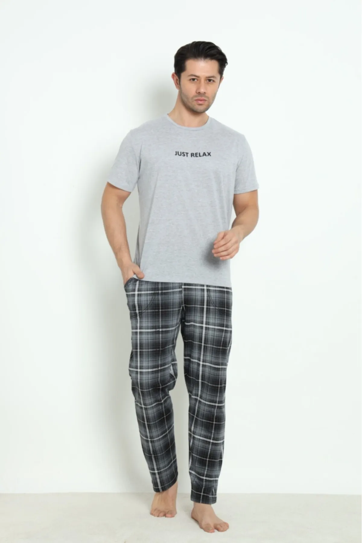 Erkek Sıfır Yaka Kısa Kol Cepli Yazlık Pijama Takımı %100 Pamuk GRİ-M