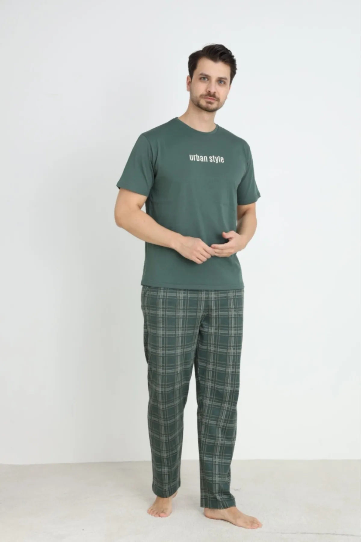 Erkek Sıfır Yaka Kısa Kol Cepli Yazlık Pijama Takımı %100 Pamuk HAKİ-M