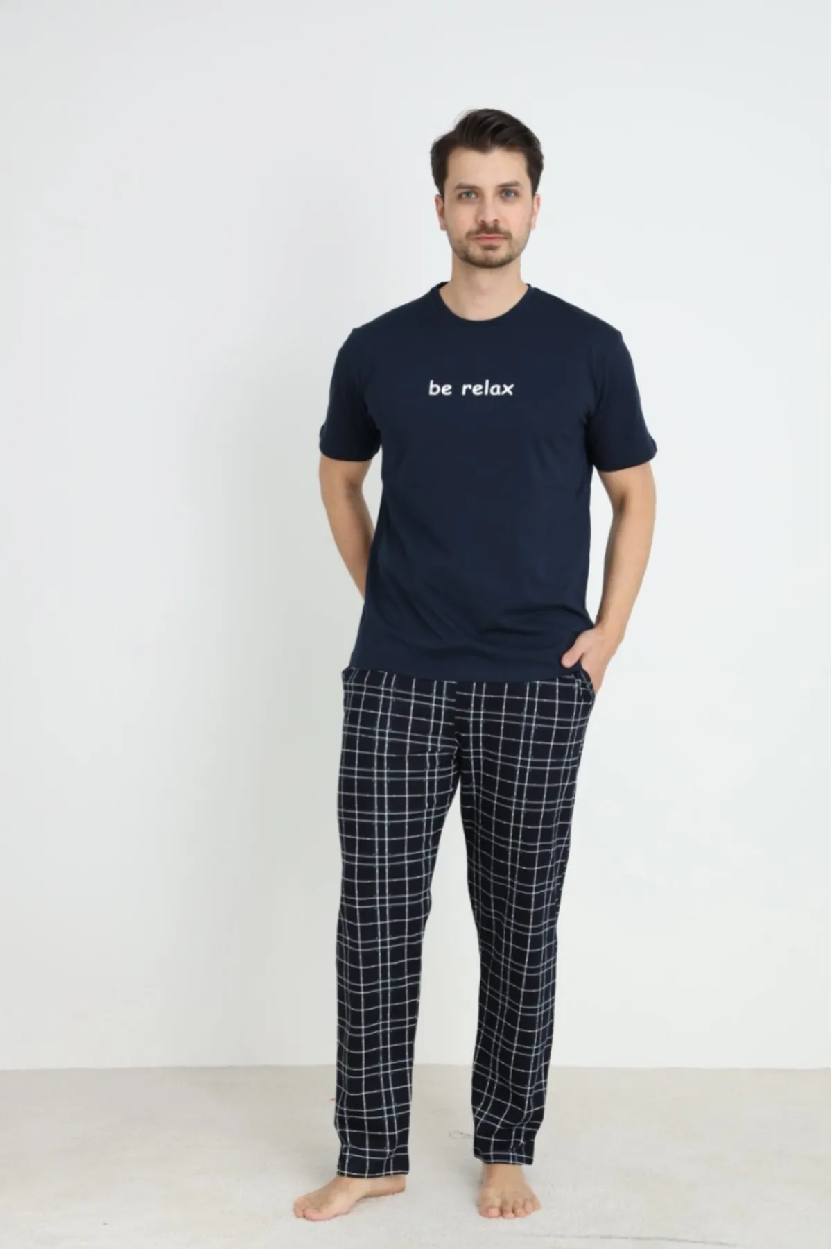Erkek Sıfır Yaka Kısa Kol Cepli Yazlık Pijama Takımı %100 Pamuk LACİVERT-XL