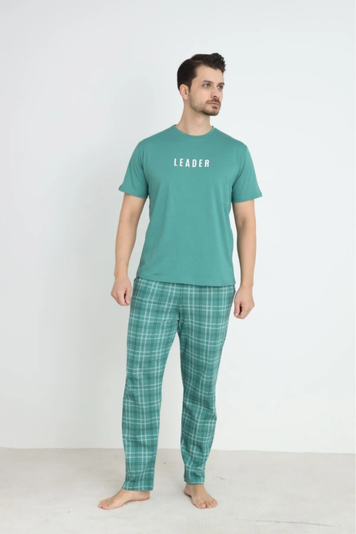 Erkek Sıfır Yaka Kısa Kol Cepli Yazlık Pijama Takımı %100 Pamuk MİNT YEŞİL-XL