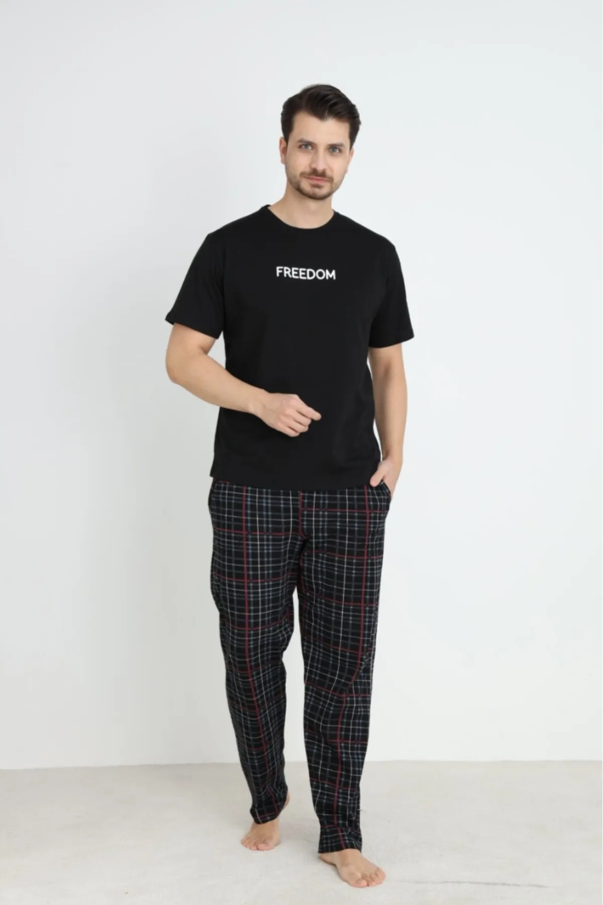 Erkek Sıfır Yaka Kısa Kol Cepli Yazlık Pijama Takımı %100 Pamuk SİYAH-M