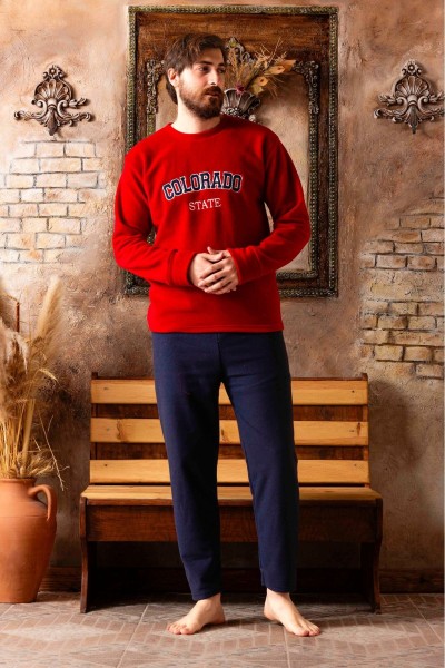 Erkek Sıfır Yaka Polar Pijama Eşofman Takımı BORDO-M