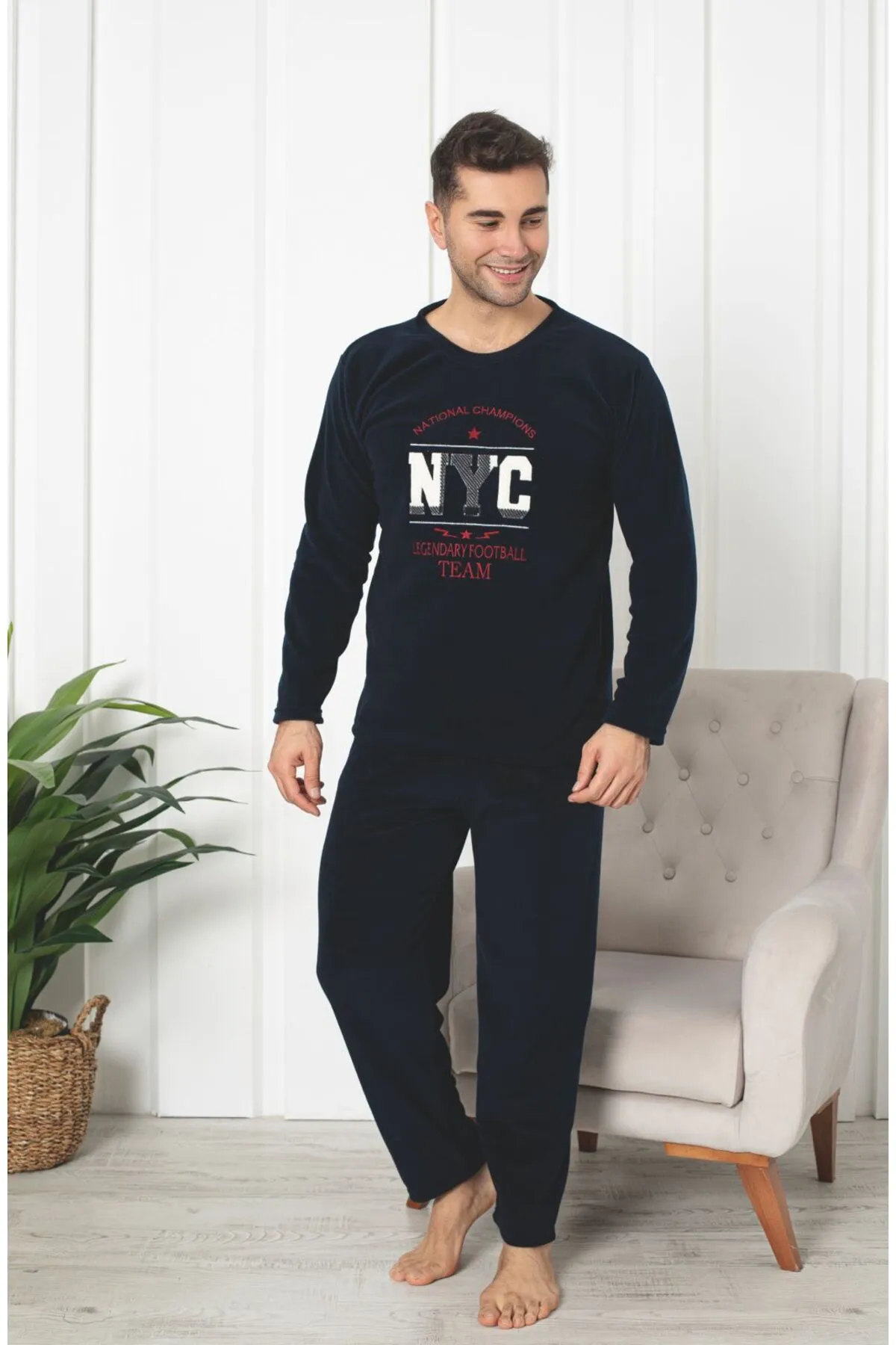 Erkek Sıfır Yaka Polar Pijama Eşofman Takımı SİYAH RENK-M