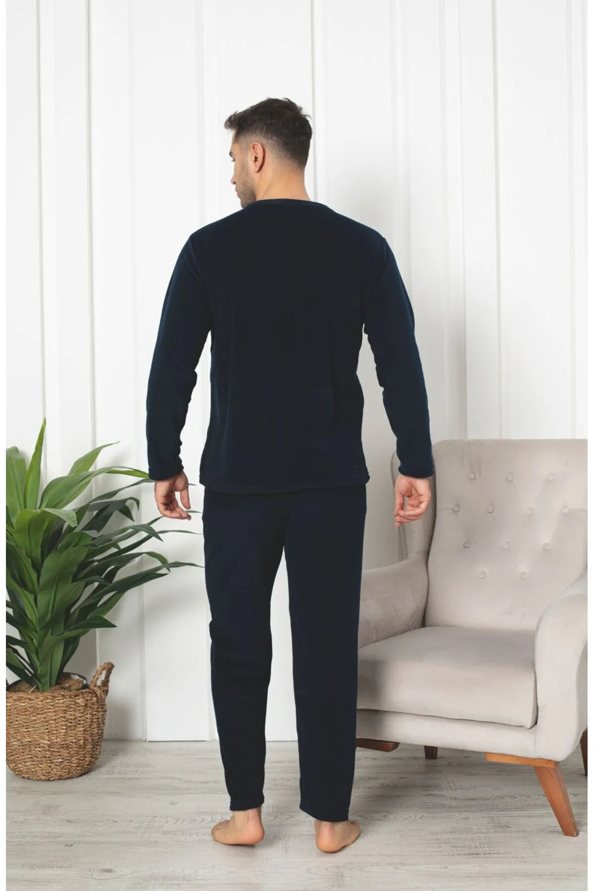 Erkek Sıfır Yaka Polar Pijama Eşofman Takımı SİYAH RENK-XL