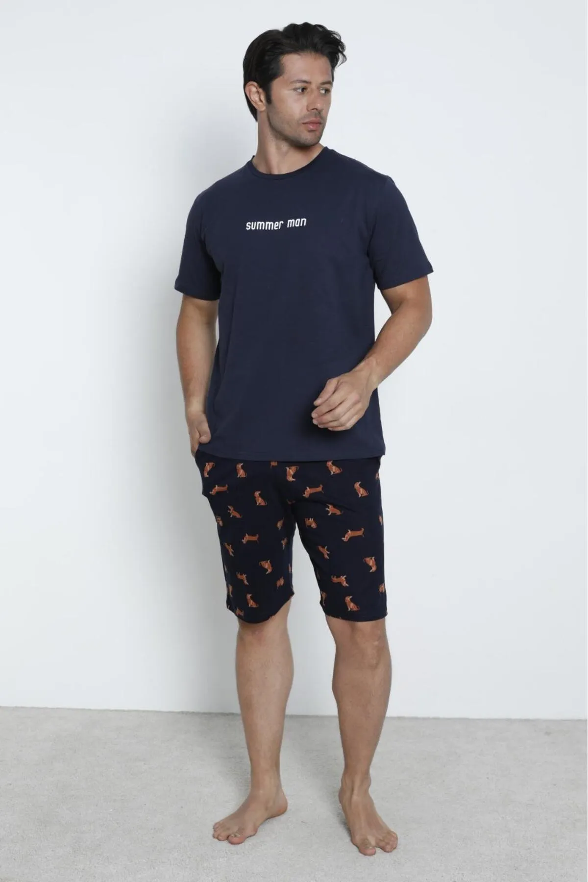 Erkek Şortlu Sıfır Yaka %100 Pamuk Kısa Kol Pijama Takımı LACİVERT-RENKLİ-2XL