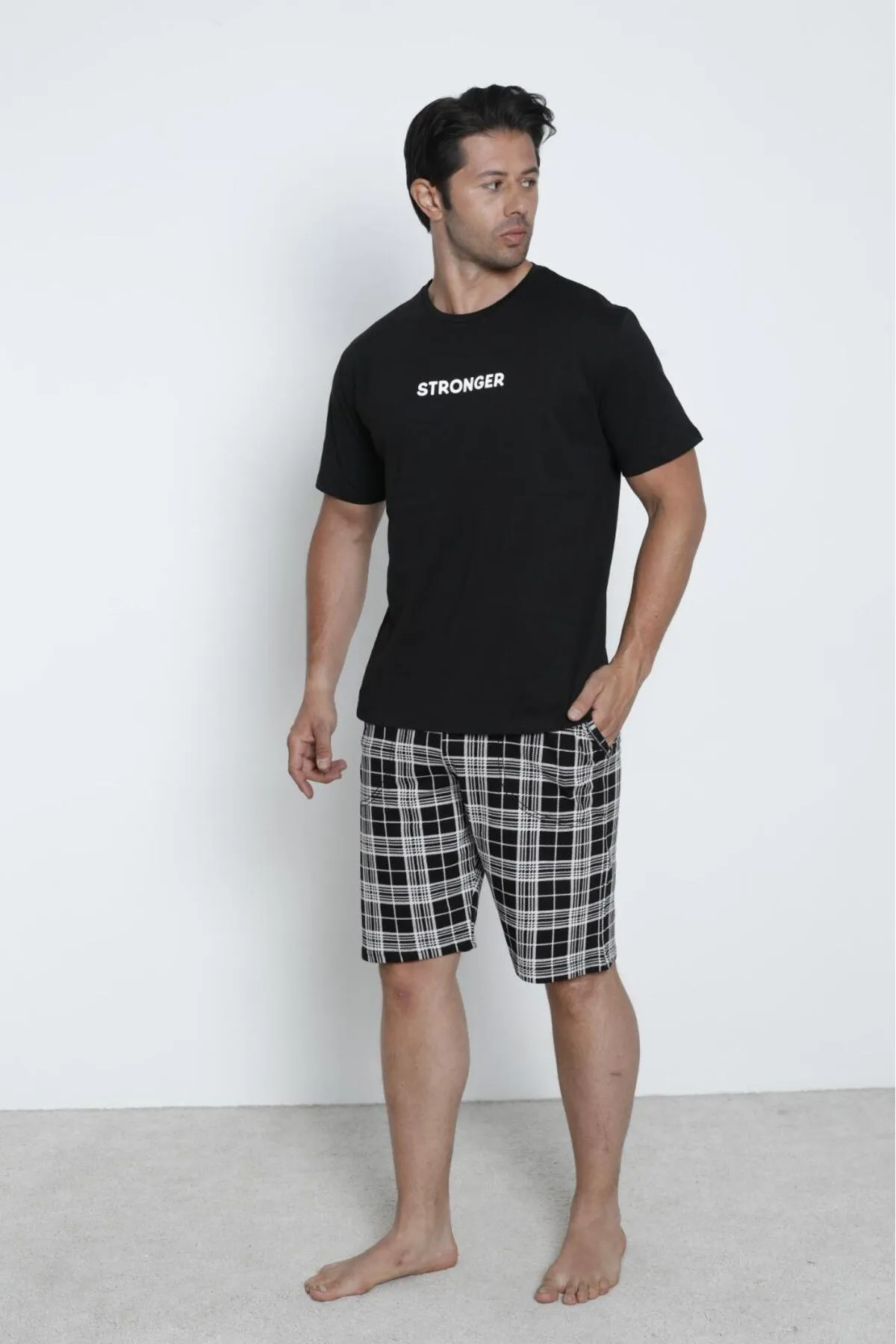 Erkek Şortlu Sıfır Yaka %100 Pamuk Kısa Kol Pijama Takımı SİYAH-L