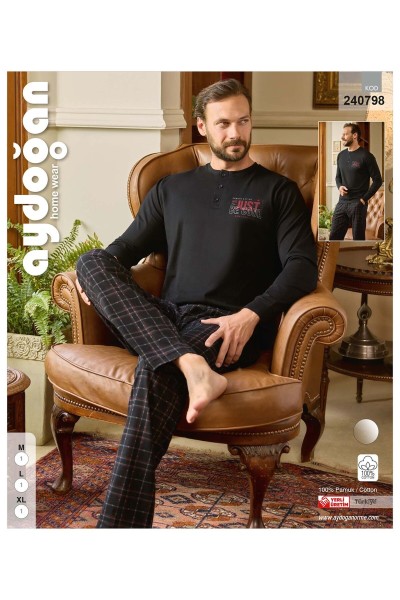 Erkek Süprem %100 Pamuklu Uzun Kollu Pijama Takımı SİYAH-XL