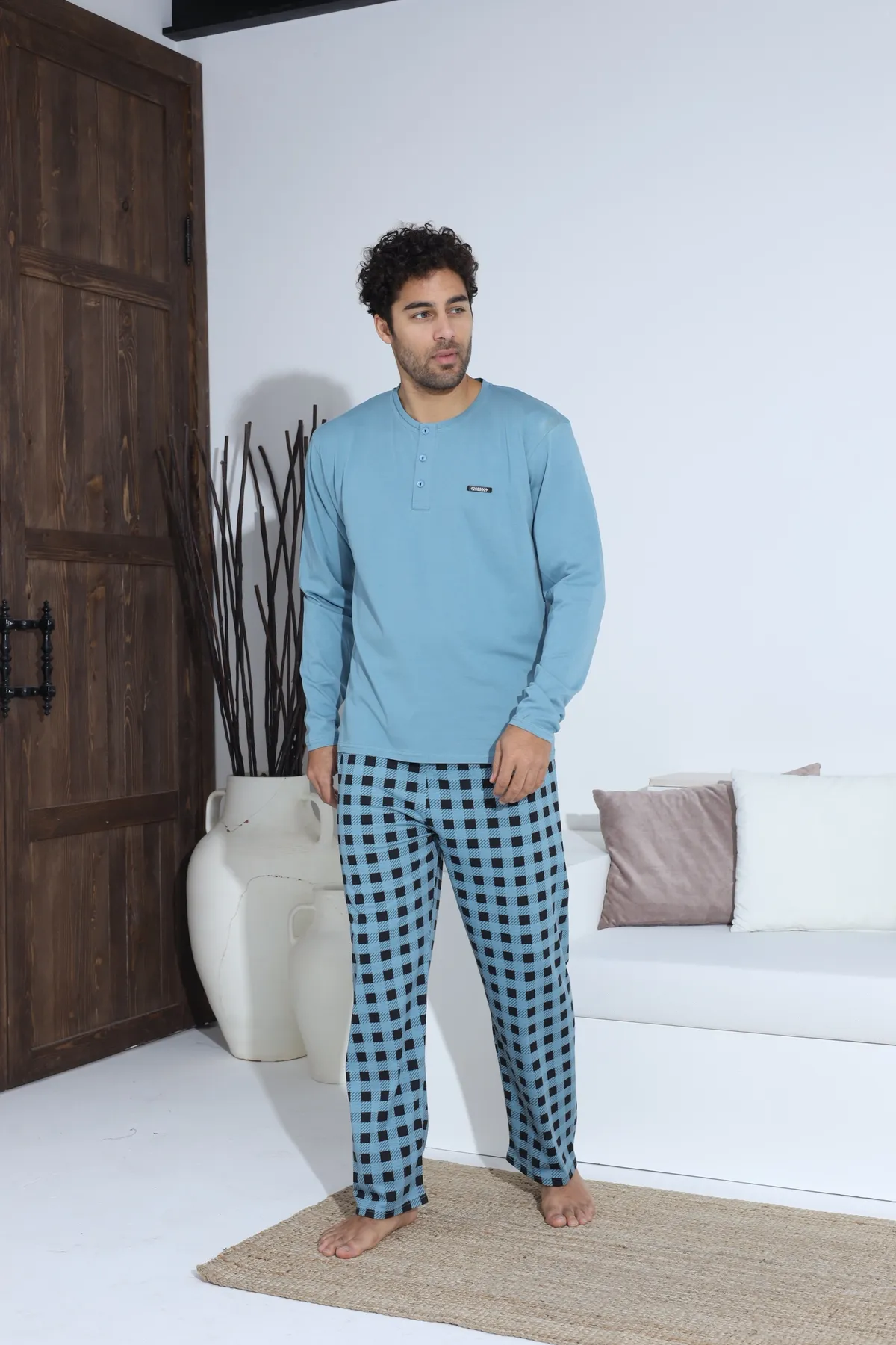 Erkek Uzun Kollu Penye Süprem Pijama Takımı Açık Mavi MAVİ-L