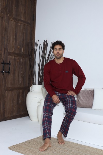 Erkek Uzun Kollu Penye Süprem Pijama Takımı Bordo BORDO-2XL