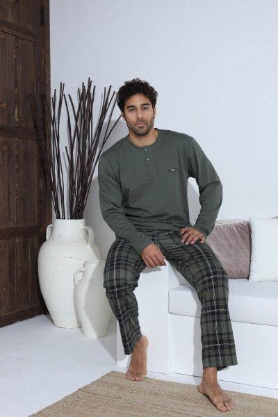Erkek Uzun Kollu Penye Süprem Pijama Takımı Haki Ekose HAKİ-M