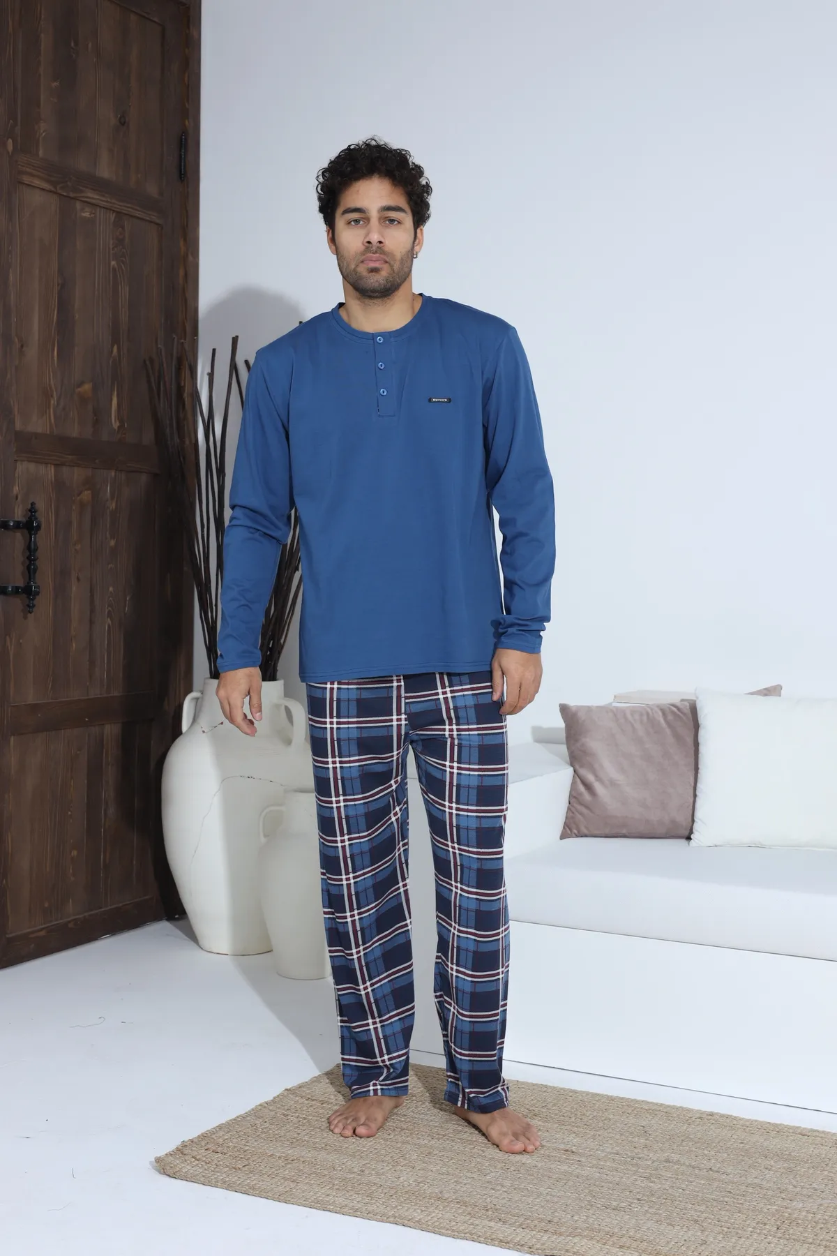 Erkek Uzun Kollu Penye Süprem Pijama Takımı İndigo Mavi İNDİGO-M