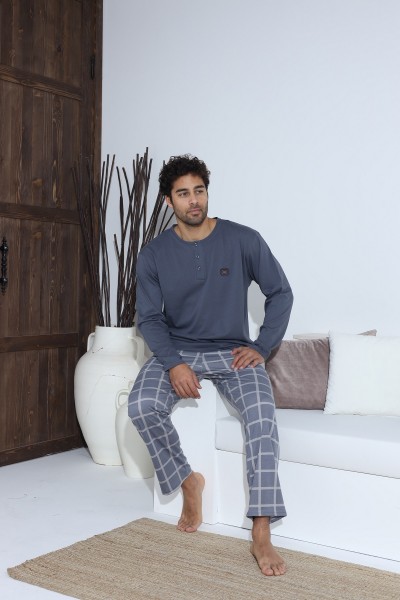 Erkek Uzun Kollu Penye Süprem Pijama Takımı İndigo Mavi MAVİ-M
