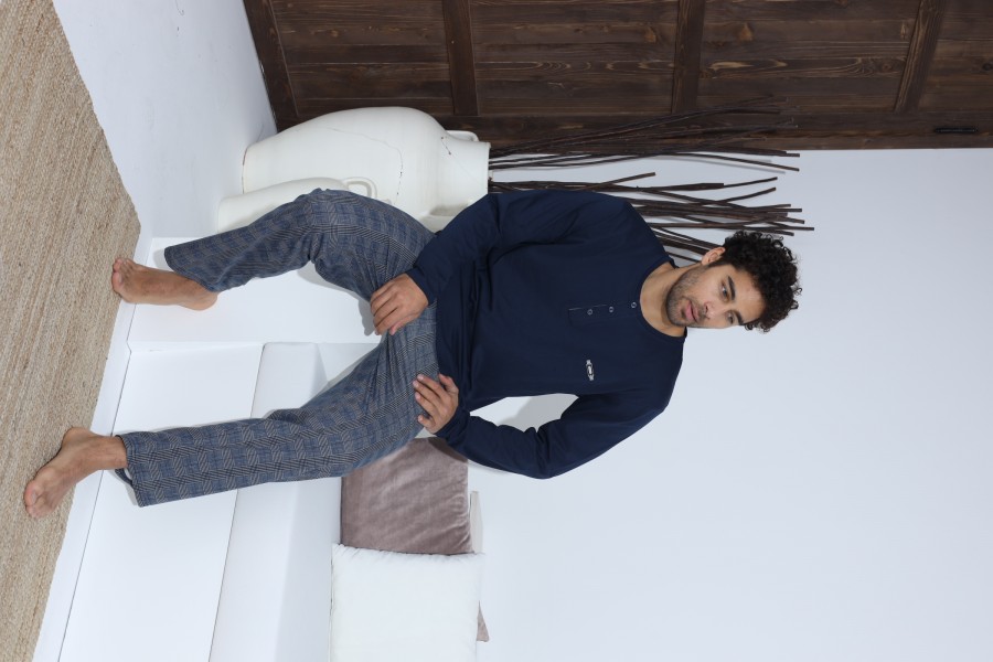 Erkek Uzun Kollu Penye Süprem Pijama Takımı  LACİVERT-2XL