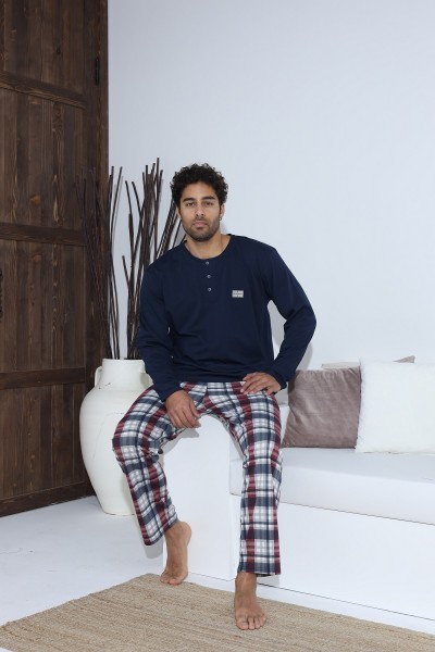 Erkek Uzun Kollu Penye Süprem Pijama Takımı LACİVERT-M