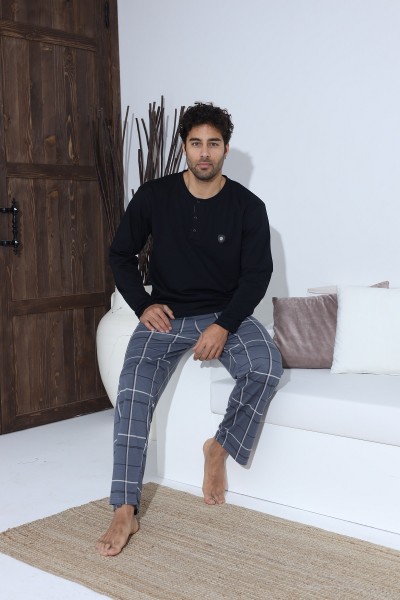 Erkek Uzun Kollu Penye Süprem Pijama Takımı LACİVERT-M