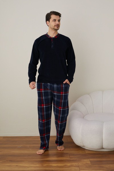 Erkek Uzun Kollu Polar Kışlık Sıcak Tutan Pijama Takımı YENİ SEZON LACİVERT-EKOSE-M