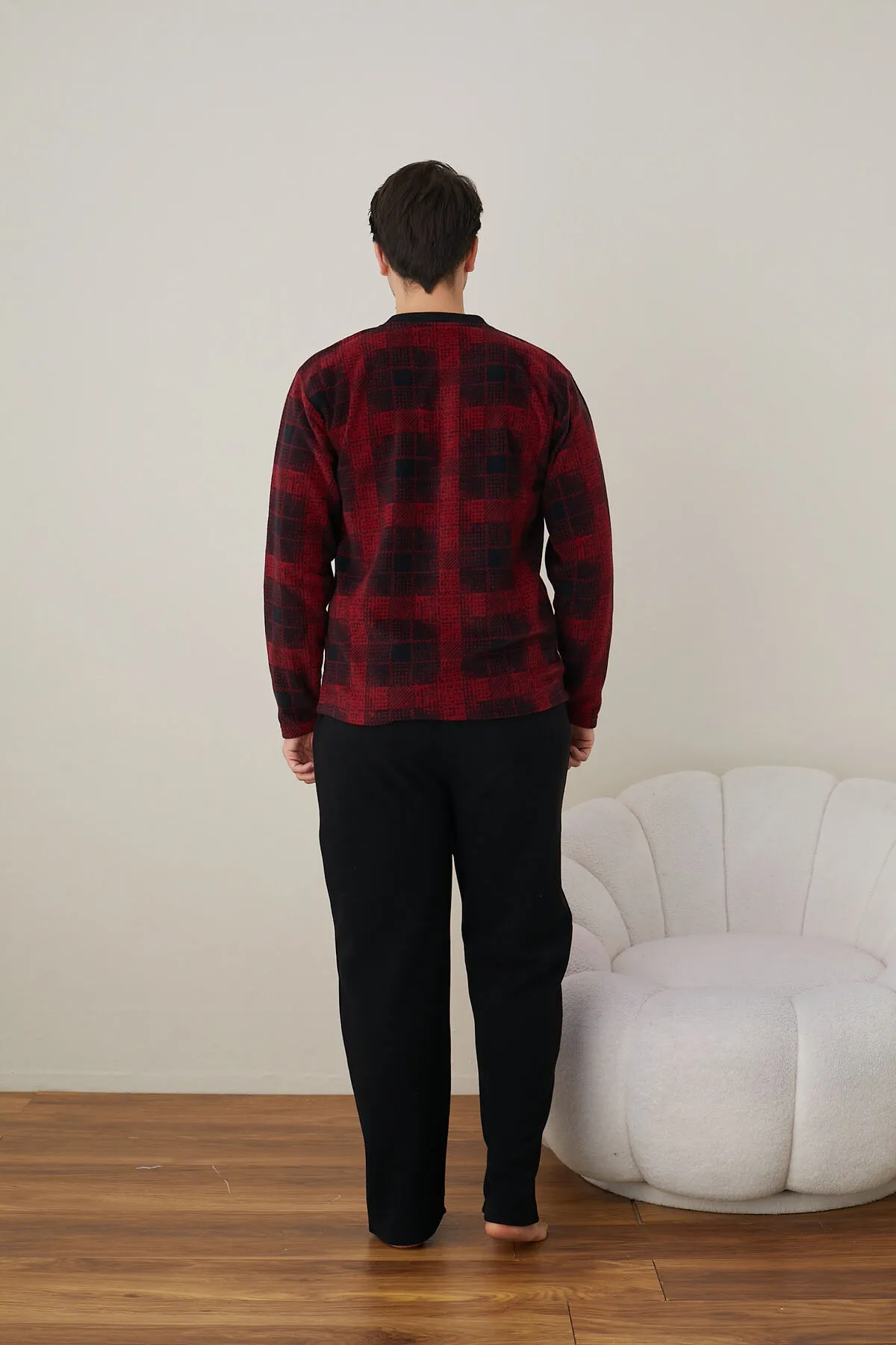 Erkek Uzun Kollu Polar Kışlık Sıcak Tutan Pijama Takımı YENİ SEZON SİYAH-L