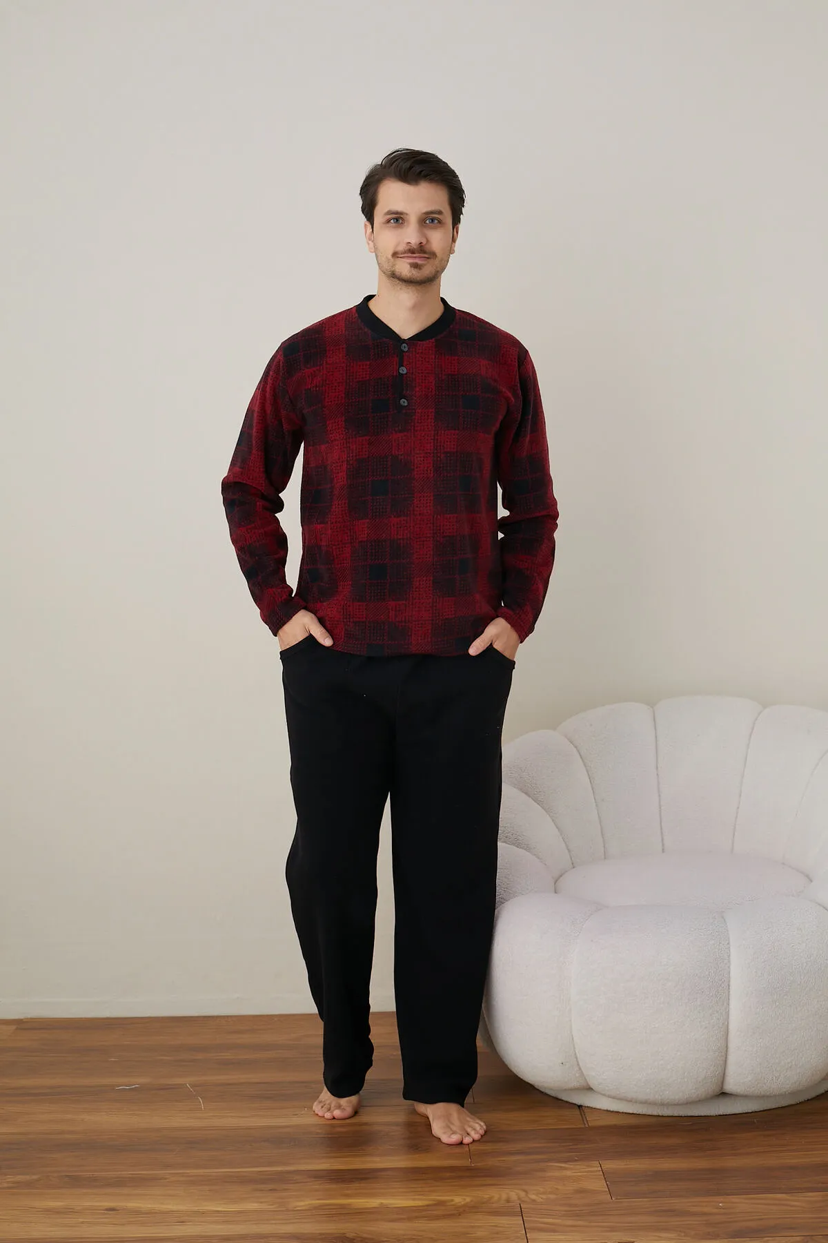 Erkek Uzun Kollu Polar Kışlık Sıcak Tutan Pijama Takımı YENİ SEZON SİYAH-M