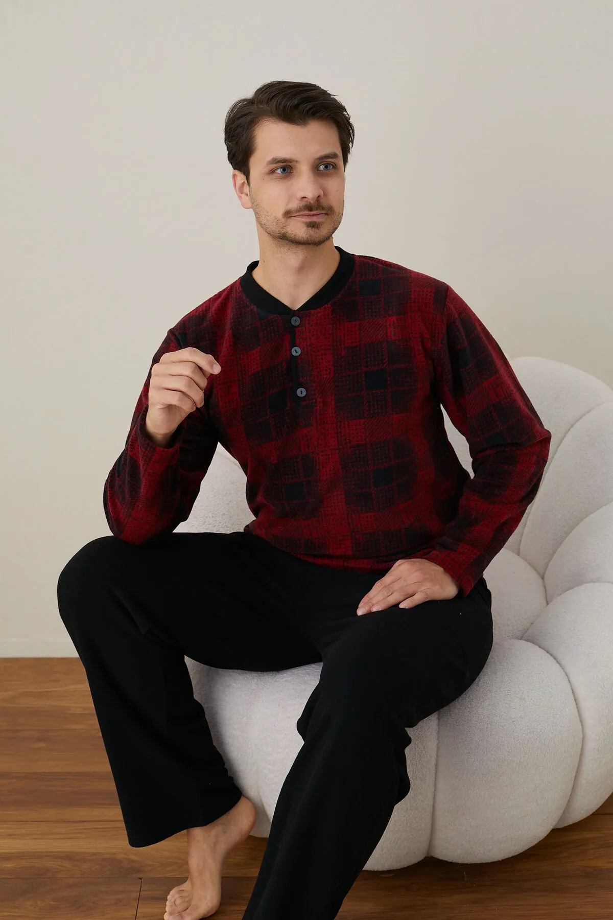 Erkek Uzun Kollu Polar Kışlık Sıcak Tutan Pijama Takımı YENİ SEZON SİYAH-XL