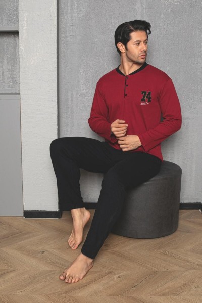Erkek Yakası Düğmeli İnterlok Pijama Takımı YENİ SEZON BORDO-SİYAH-M