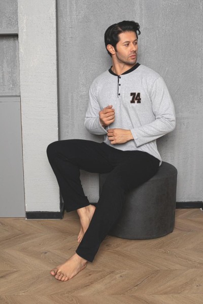 Erkek Yakası Düğmeli İnterlok Pijama Takımı YENİ SEZON GRİ-SİYAH-M