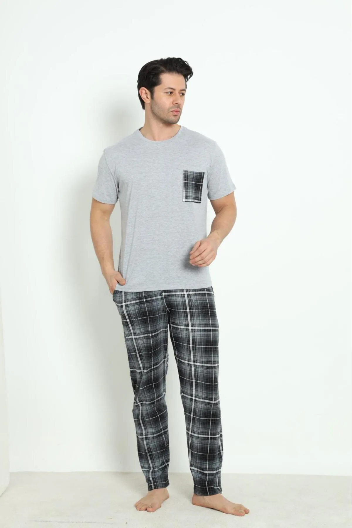 Erkek Yazlık Kısa Kol Cepli Pijama Takımı %100 Pamuk YENİ SEZON GRİ-XL