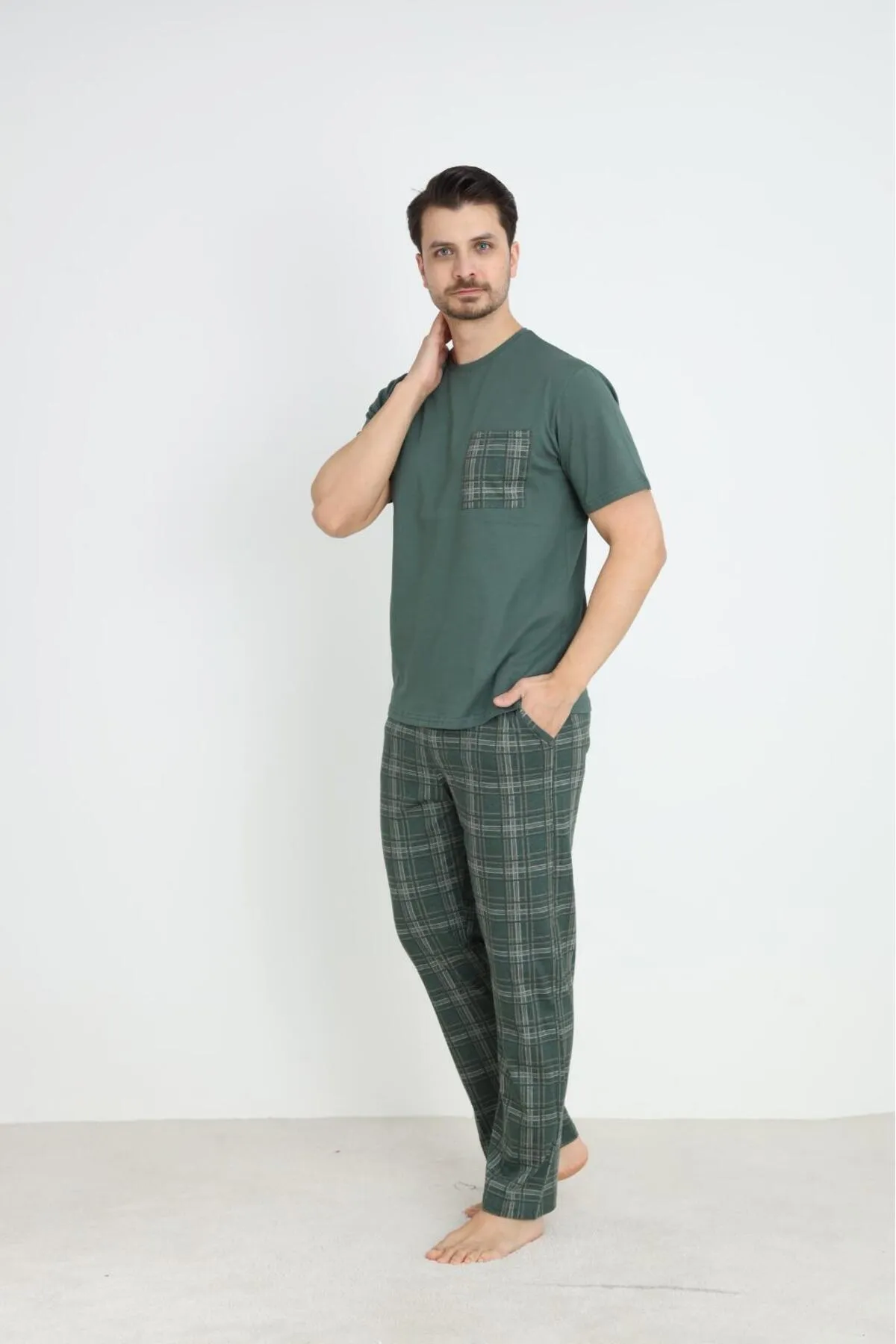 Erkek Yazlık Kısa Kol Cepli Pijama Takımı %100 Pamuk YENİ SEZON HAKİ-XL