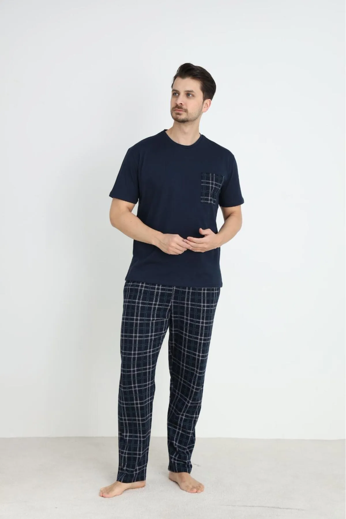 Erkek Yazlık Kısa Kol Cepli Pijama Takımı %100 Pamuk YENİ SEZON LACİVERT-XL