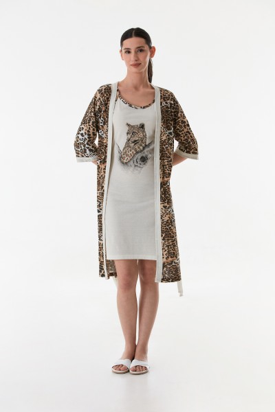 Kadın 2 li Sabahlıklı PenyeElbise Gecelik Takımı LEOPAR-2XL