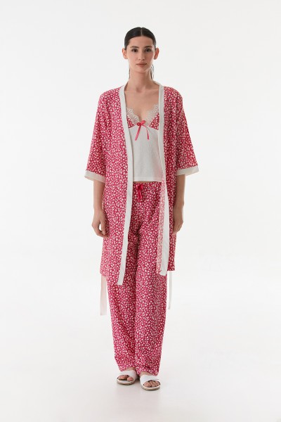 Kadın 3 lü Sabahlıklı Yazlık Kırınkıl Kumaş Pijama Gecelik Takımı Seti FUŞYA-2XL