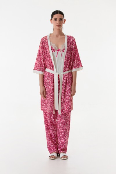 Kadın 3 lü Sabahlıklı Yazlık Kırınkıl Kumaş Pijama Gecelik Takımı Seti FUŞYA-XL