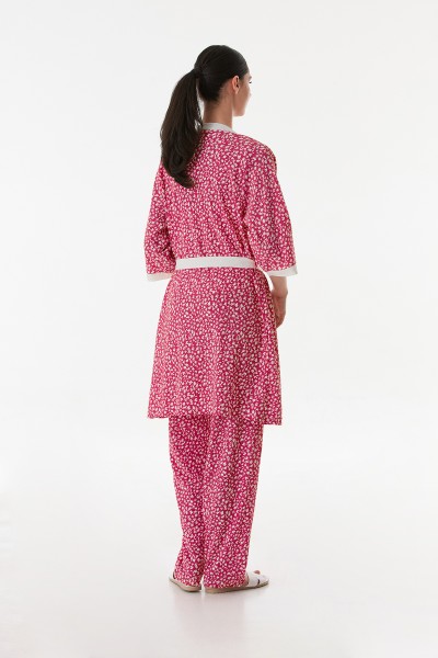 Kadın 3 lü Sabahlıklı Yazlık Kırınkıl Kumaş Pijama Gecelik Takımı Seti FUŞYA-XL