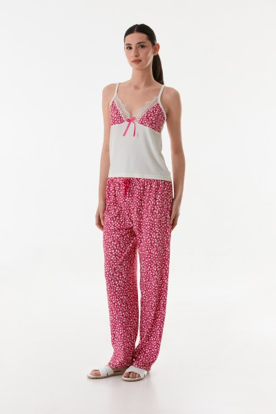 Kadın 3 lü Sabahlıklı Yazlık Kırınkıl Kumaş Pijama Gecelik Takımı Seti FUŞYA-XL