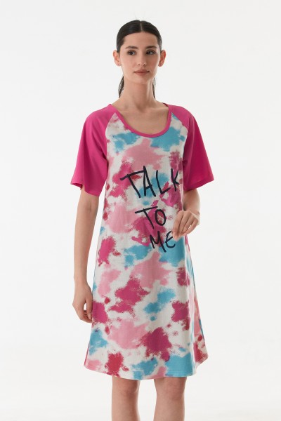 Kadın Batik Baskılı Yarım Kol Boydan Elbise Gecelik Pamuklu Kumaş FUŞYA-XL