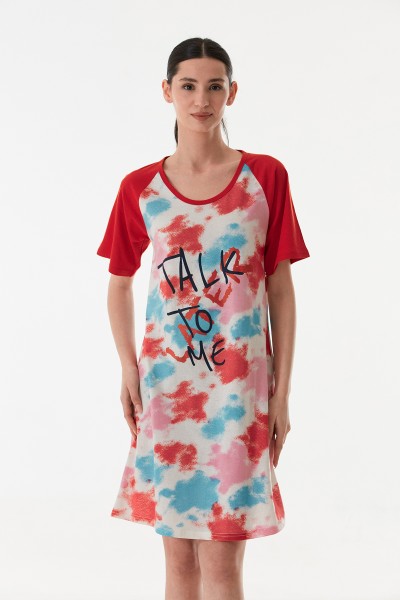 Kadın Batik Baskılı Yarım Kol Boydan Elbise Gecelik Pamuklu Kumaş KIRMIZI-L