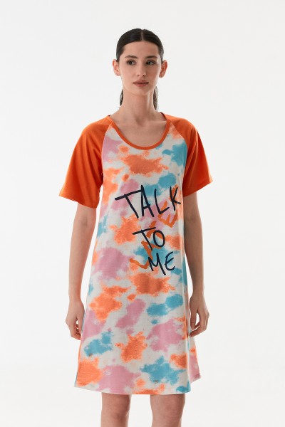 Kadın Batik Baskılı Yarım Kol Boydan Elbise Gecelik Pamuklu Kumaş TURUNCU-XL