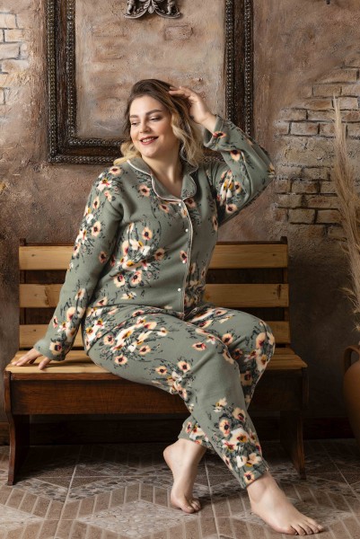 Kadın Battal Büyük Beden Önden Düğmeli Uzun Kollu Polar Pijama Takımı HAKİ-2XL