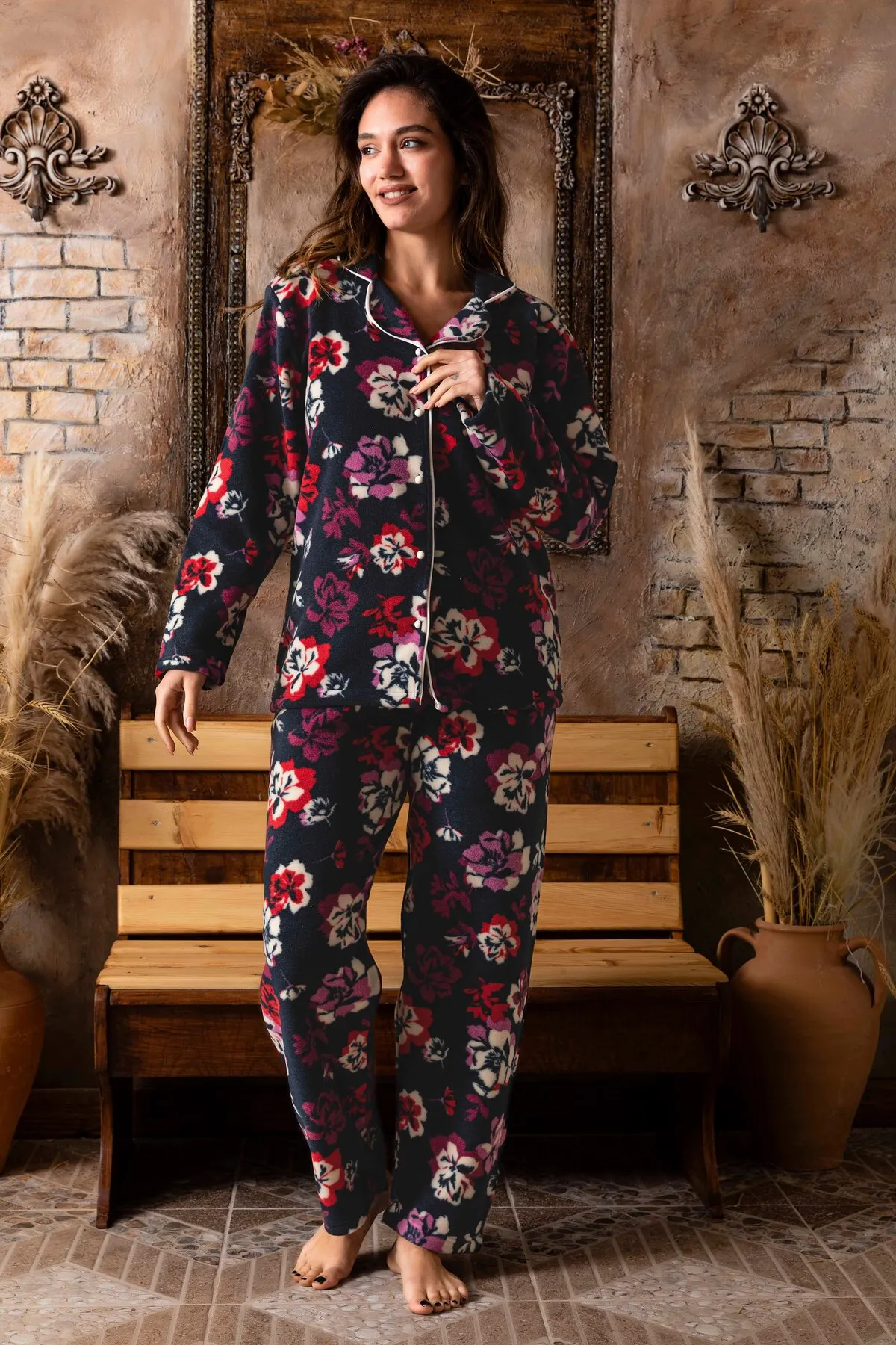 Kadın Battal Büyük Beden Önden Düğmeli Uzun Kollu Polar Pijama Takımı SİYAH-2XL