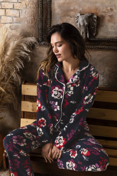 Kadın Battal Büyük Beden Önden Düğmeli Uzun Kollu Polar Pijama Takımı SİYAH-2XL