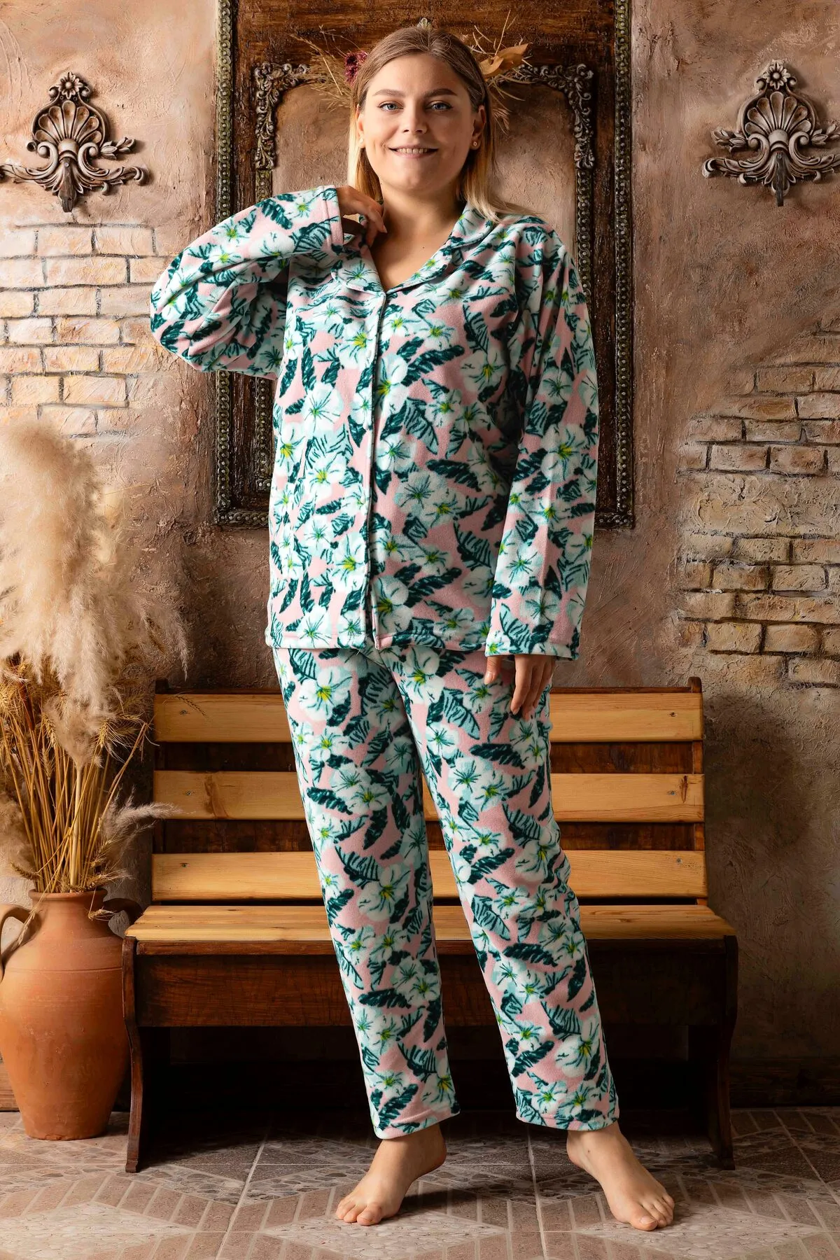 Kadın Battal Büyük Beden Önden Düğmeli Uzun Kollu Polar Pijama Takımı TURKUAZ-2XL