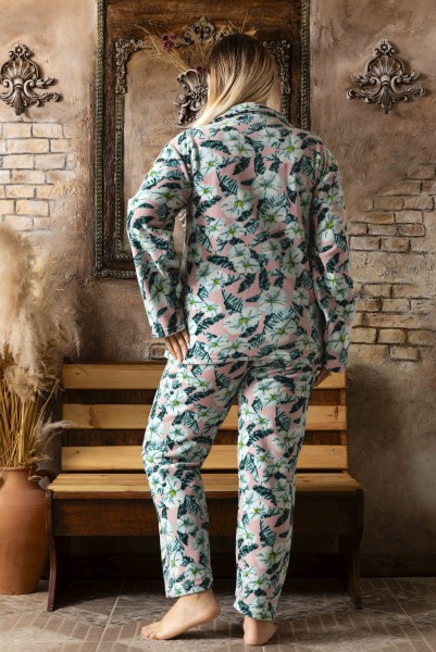 Kadın Battal Büyük Beden Önden Düğmeli Uzun Kollu Polar Pijama Takımı TURKUAZ-2XL