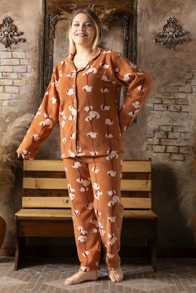 Kadın Battal Büyük Beden Önden Düğmeli Uzun Kollu Polar Pijama Takımı TURUNCU-3XL