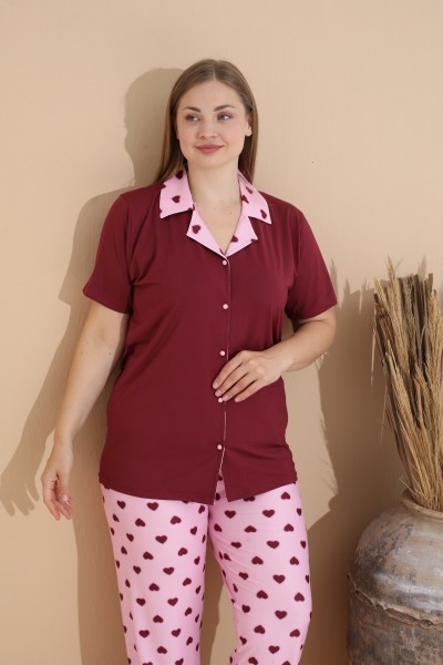 Kadın Battal Milan Kumaş Kısa Kol Gömlek Yaka Büyük Beden Pijama Takımı BORDO-XL