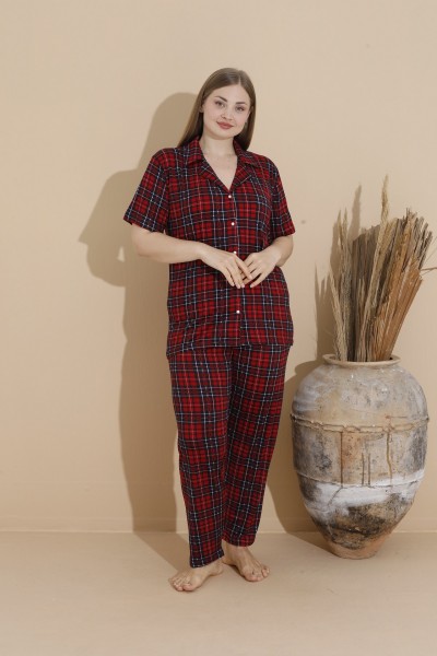 Kadın Battal Milan Kumaş Kısa Kol Gömlek Yaka Büyük Beden Pijama Takımı Ekose-XL